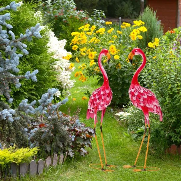 Statue de Flamant Rose Lot de 2 pour Jardin Cadre en Métal Imperméable Plumes de Couleur Dégradée Animaux Realiste