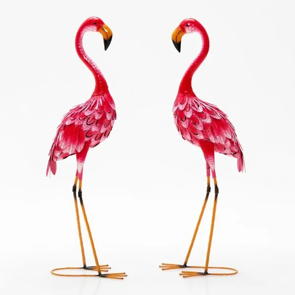 Statue de Flamant Rose Lot de 2 pour Jardin Cadre en Métal Imperméable Plumes de Couleur Dégradée Animaux Realiste