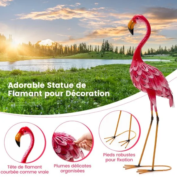 Statue de Flamant Rose Lot de 2 pour Jardin Cadre en Métal Imperméable Plumes de Couleur Dégradée Animaux Realiste