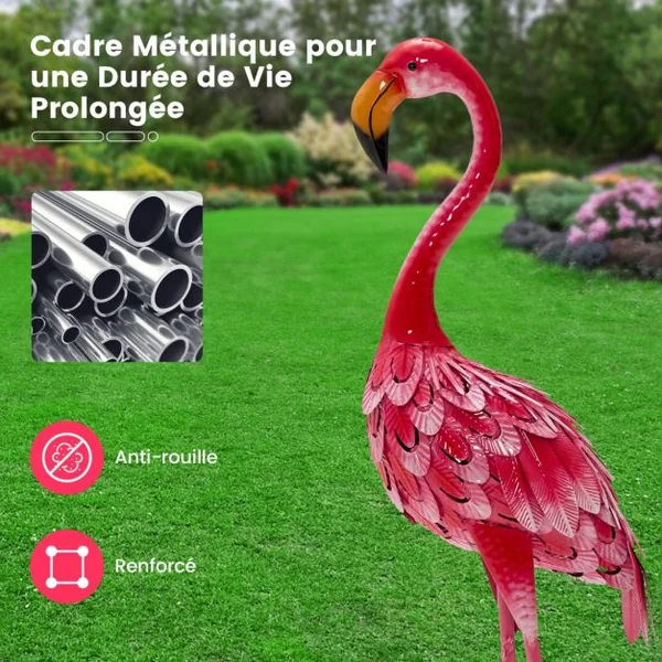 Statue de Flamant Rose Lot de 2 pour Jardin Cadre en Métal Imperméable Plumes de Couleur Dégradée Animaux Realiste