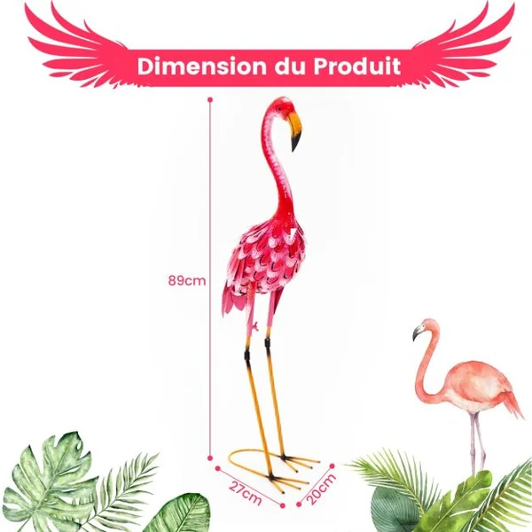Statue de Flamant Rose Lot de 2 pour Jardin Cadre en Métal Imperméable Plumes de Couleur Dégradée Animaux Realiste