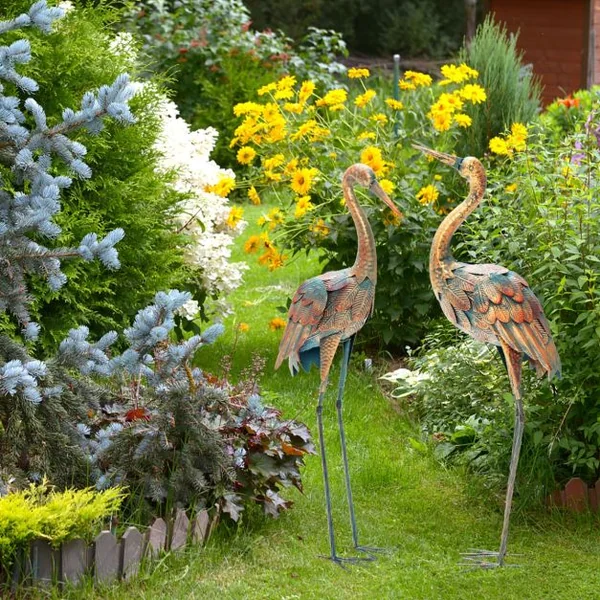 Statue de Grue Debout Lot de 2 pour Jardin Cadre en Métal Imperméable Plumes de Couleur Dégradée Animaux Realiste