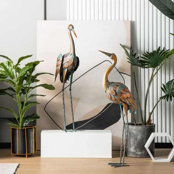 Statue de Grue Debout Lot de 2 pour Jardin Cadre en Métal Imperméable Plumes de Couleur Dégradée Animaux Realiste