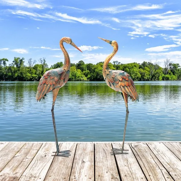 Statue de Grue Debout Lot de 2 pour Jardin Cadre en Métal Imperméable Plumes de Couleur Dégradée Animaux Realiste