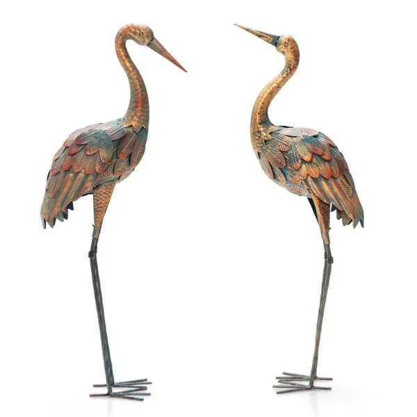 Statue de Grue Debout Lot de 2 pour Jardin Cadre en Métal Imperméable Plumes de Couleur Dégradée Animaux Realiste