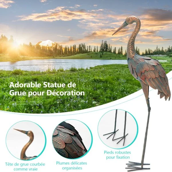 Statue de Grue Debout Lot de 2 pour Jardin Cadre en Métal Imperméable Plumes de Couleur Dégradée Animaux Realiste