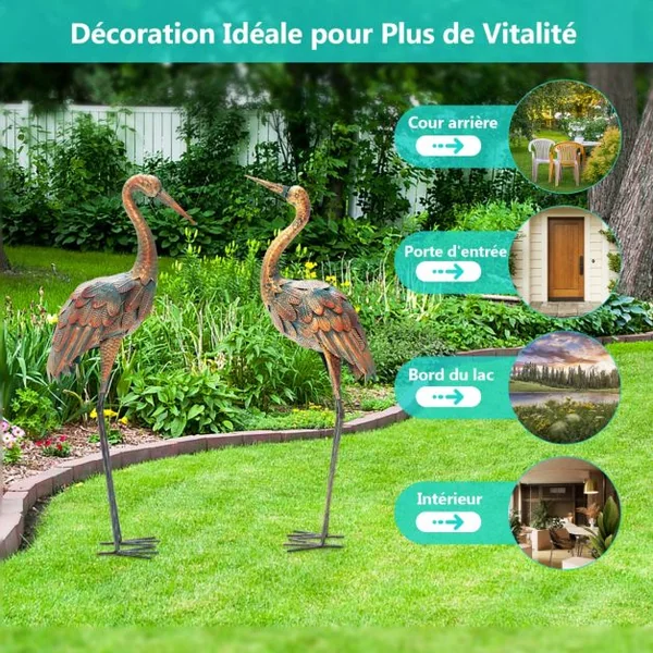 Statue de Grue Debout Lot de 2 pour Jardin Cadre en Métal Imperméable Plumes de Couleur Dégradée Animaux Realiste