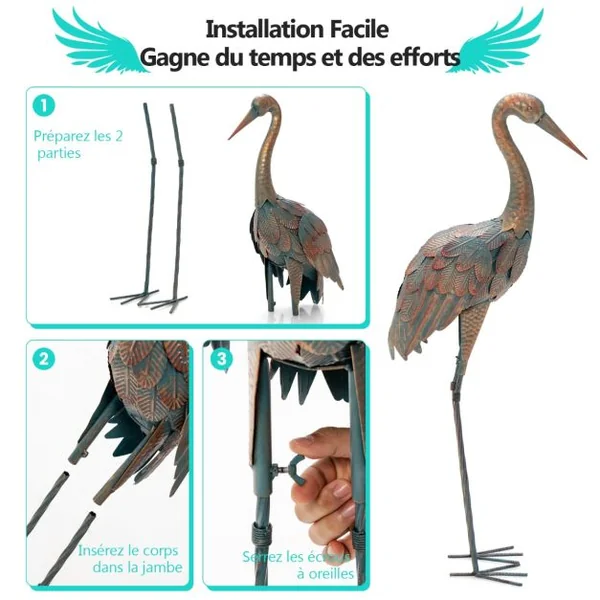 Statue de Grue Debout Lot de 2 pour Jardin Cadre en Métal Imperméable Plumes de Couleur Dégradée Animaux Realiste
