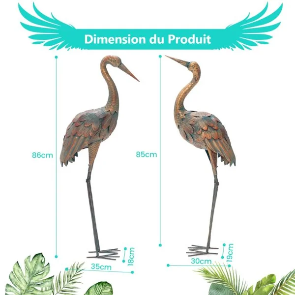Statue de Grue Debout Lot de 2 pour Jardin Cadre en Métal Imperméable Plumes de Couleur Dégradée Animaux Realiste