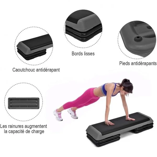 Stepper Aérobic à Hauteur Réglable 3 Niveaux 10/15/20CM Capacité de Poids 250KG en PE pour Maison Gym Exercice Bureau