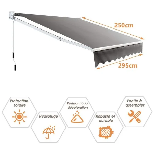 Store Banne Manuel Rétractable avec Manivelle Auvent Balcon en Polyester Anti-UV Cadre en Alu Inclinaison 40°-100° 295 x 250 cm 5 Couleurs au Choix
