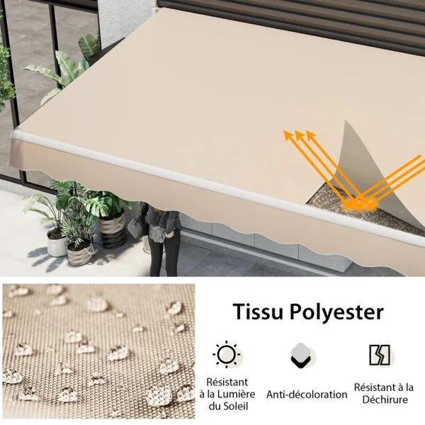 Store Banne à Manivelle 4 x 25 m Auvent de Terrasse Rétractable Toile en Polyester Manivelle Manuelle Cadre en Aluminium Robuste