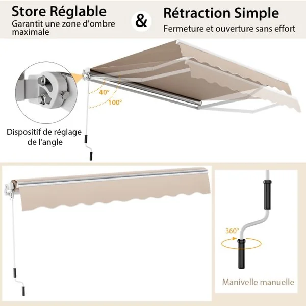 Store Banne à Manivelle 4 x 25 m Auvent de Terrasse Rétractable Toile en Polyester Manivelle Manuelle Cadre en Aluminium Robuste