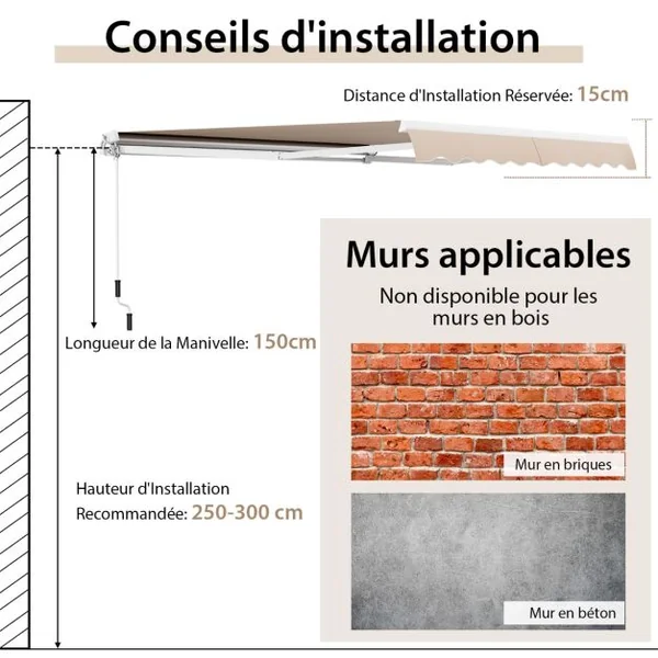 Store Banne à Manivelle 4 x 25 m Auvent de Terrasse Rétractable Toile en Polyester Manivelle Manuelle Cadre en Aluminium Robuste