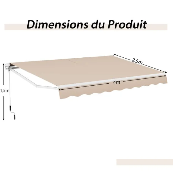 Store Banne à Manivelle 4 x 25 m Auvent de Terrasse Rétractable Toile en Polyester Manivelle Manuelle Cadre en Aluminium Robuste