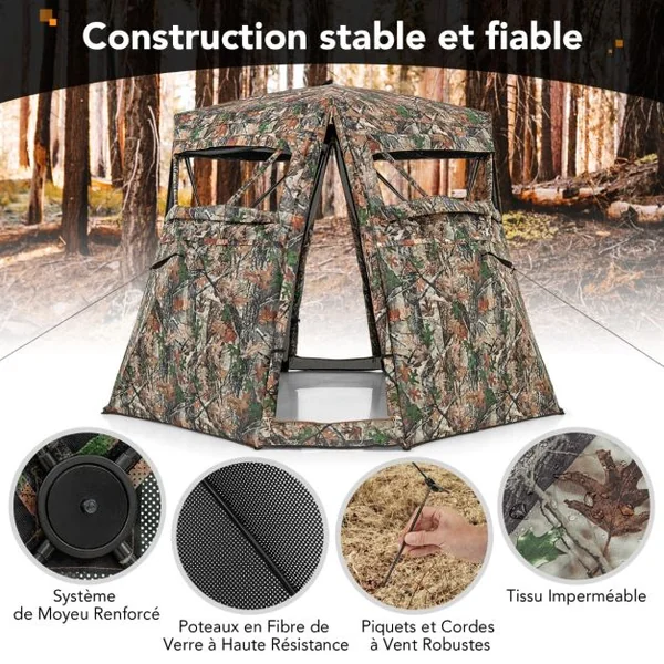Store de Chasse Portable pour 2 à 3 Personnes Tente de Chasse Pop-Up Vue Dégagée à 360° avec Sac de Transport 249x211x175cm Camouflage