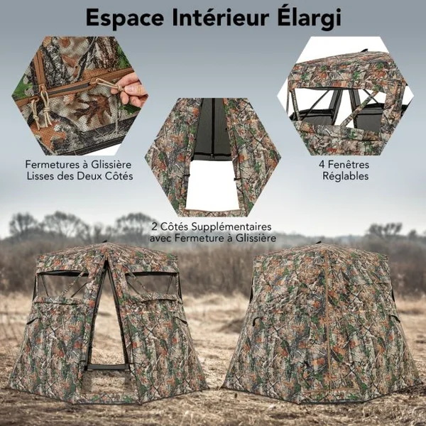 Store de Chasse Portable pour 2 à 3 Personnes Tente de Chasse Pop-Up Vue Dégagée à 360° avec Sac de Transport 249x211x175cm Camouflage
