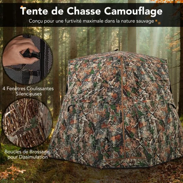 Store de Chasse Portable pour 2 à 3 Personnes Tente de Chasse Pop-Up Vue Dégagée à 360° avec Sac de Transport 249x211x175cm Camouflage