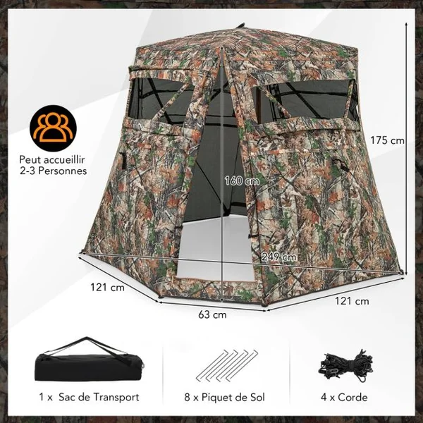 Store de Chasse Portable pour 2 à 3 Personnes Tente de Chasse Pop-Up Vue Dégagée à 360° avec Sac de Transport 249x211x175cm Camouflage