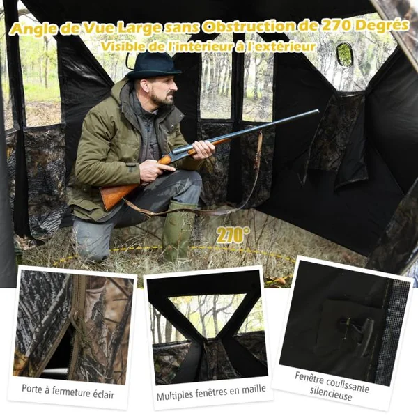 Store de Chasse Portable pour 3 Personnes Tente de Chasse Instantanée Escamotable avec Piquets et Attaches de Sol Fenêtres en Maille