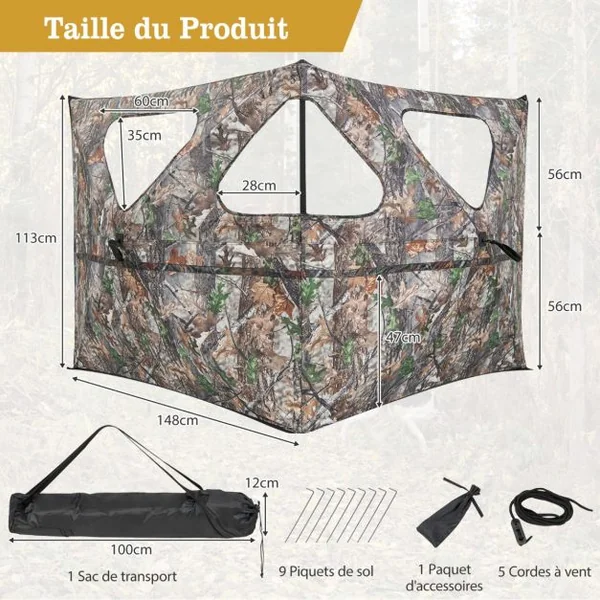 Store de Chasse Portable Transparent Vue Dégagée à 360° Tente de Chasse Escamotable à 2 Panneaux et 3 Fenêtres Triangulaires avec Sac de Transport