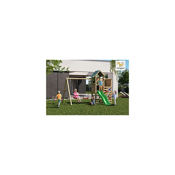 Structure de jeux en bois avec balançoires et toboggan Chester Fungoo