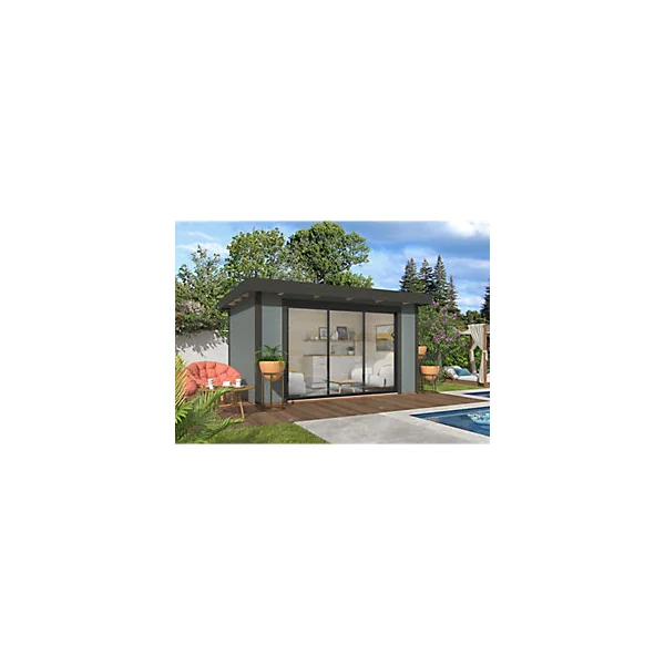 Studio de jardin bois White Wood Lydia peint gris Ep.28 mm surface extérieure totale 15 m²