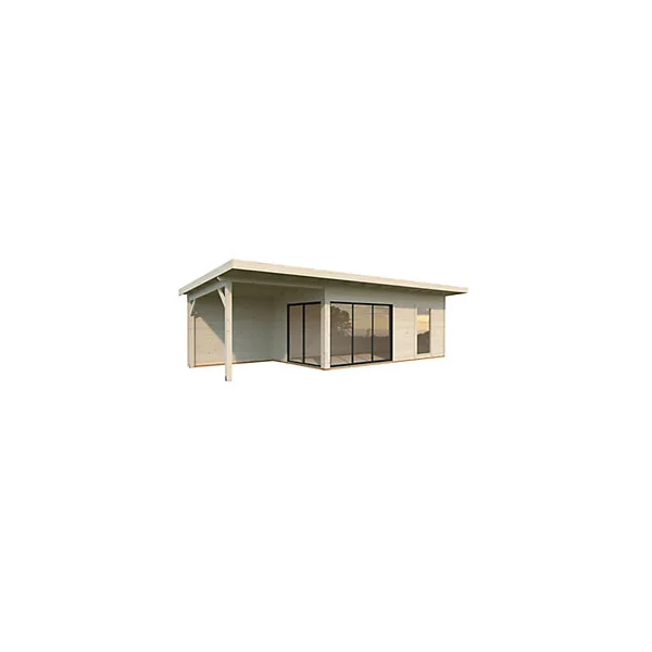 Studio de jardin Palmako Andréa bois et pergola 7,9m² ep. 44 mm surface extérieure totale 37,7 m²