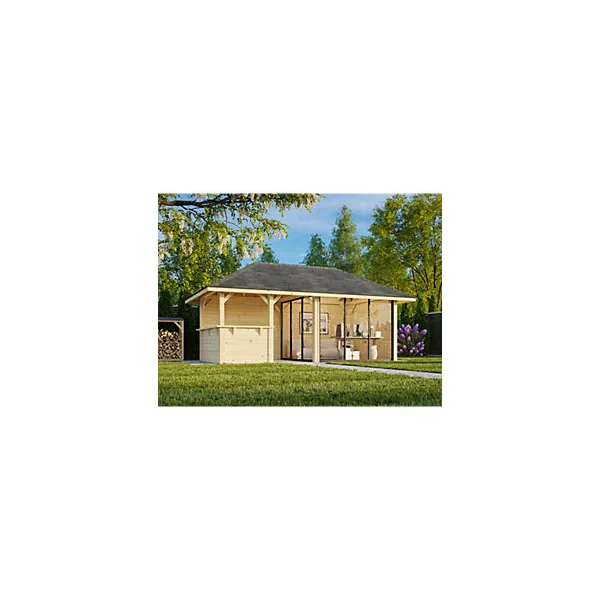 Studio de jardin Palmako Bianca 207 en bois naturel ép.28 mm et pergola 12,9m² 31,5m²
