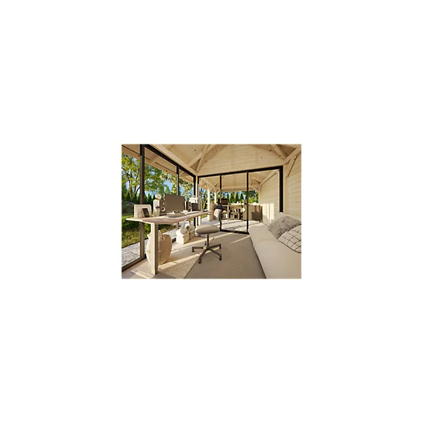 Studio de jardin Palmako Bianca 207 en bois naturel ép.28 mm et pergola 12,9m² 31,5m²