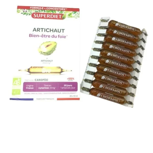 SUPERDIET Artichaut Bio 20 Ampoule de 15ml - Bien Etre du Foie - Agriculture Bio
