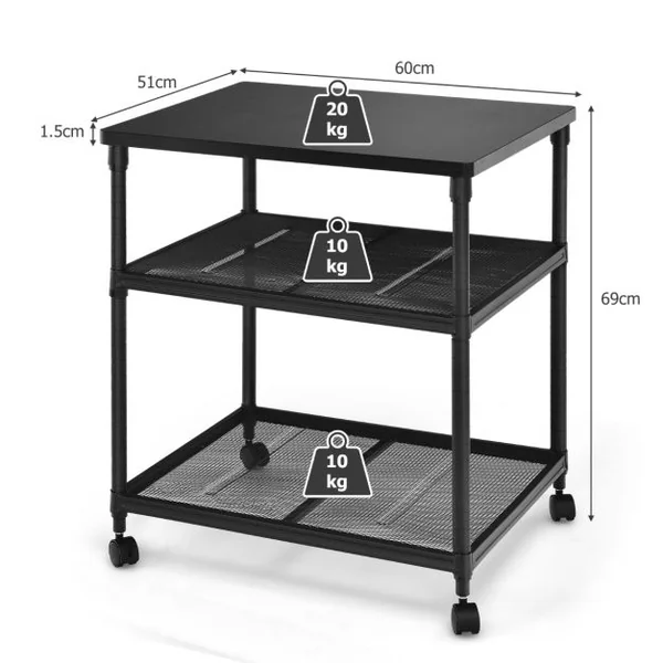 Support d'Imprimante Bois Métal 3 Niveaux 60 x 51 x 69 CM Chariot à Roulettes Pivotantes Style Industriel Noir