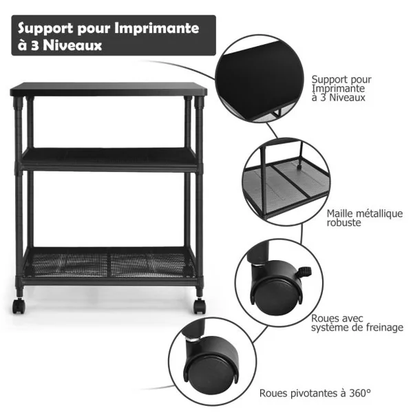 Support d'Imprimante Bois Métal 3 Niveaux 60 x 51 x 69 CM Chariot à Roulettes Pivotantes Style Industriel Noir