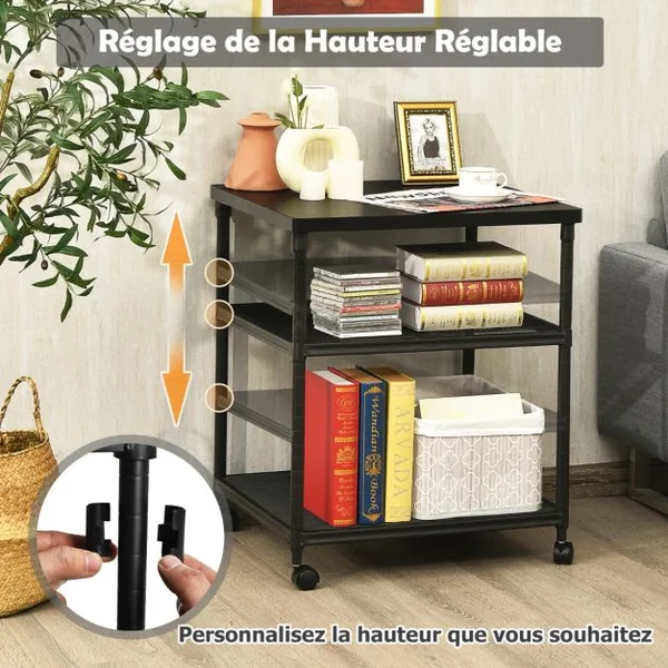 Support d'Imprimante Bois Métal 3 Niveaux 60 x 51 x 69 CM Chariot à Roulettes Pivotantes Style Industriel Noir