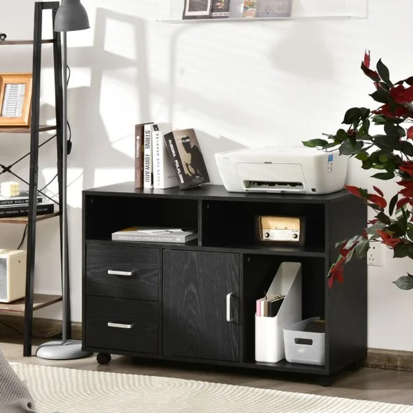 Support d'imprimante Caisson de Bureau avec Étagères Ouvertes Tiroirs Placard Roues Pivotantes 100 x 35 x 65,5CM Noir