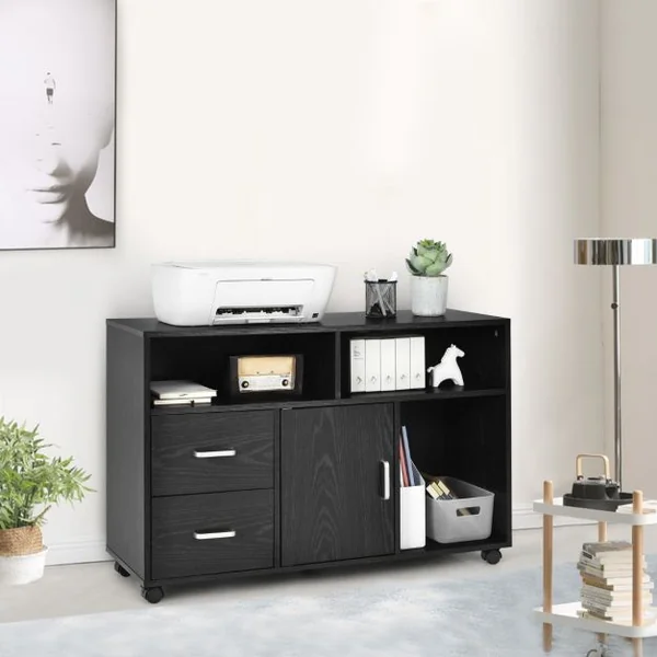 Support d'imprimante Caisson de Bureau avec Étagères Ouvertes Tiroirs Placard Roues Pivotantes 100 x 35 x 65,5CM Noir