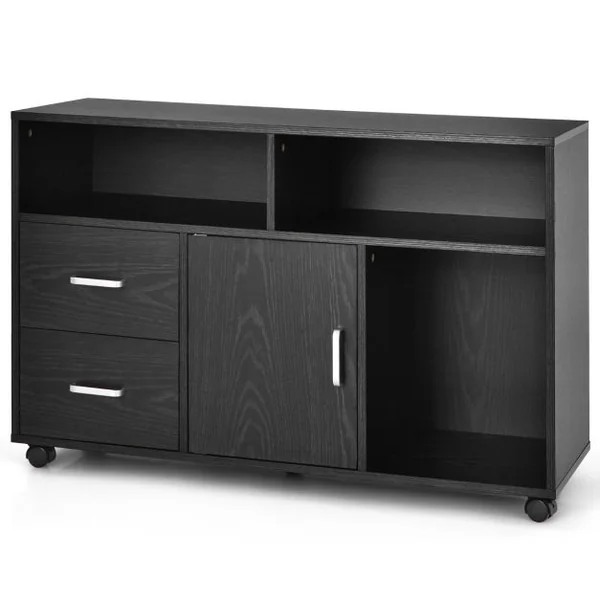Support d'imprimante Caisson de Bureau avec Étagères Ouvertes Tiroirs Placard Roues Pivotantes 100 x 35 x 65,5CM Noir