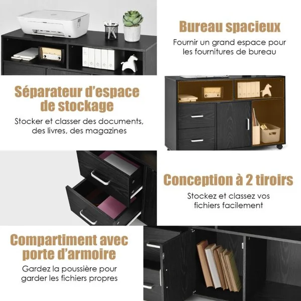 Support d'imprimante Caisson de Bureau avec Étagères Ouvertes Tiroirs Placard Roues Pivotantes 100 x 35 x 65,5CM Noir