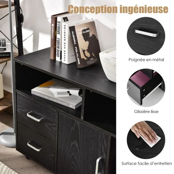 Support d'imprimante Caisson de Bureau avec Étagères Ouvertes Tiroirs Placard Roues Pivotantes 100 x 35 x 65,5CM Noir