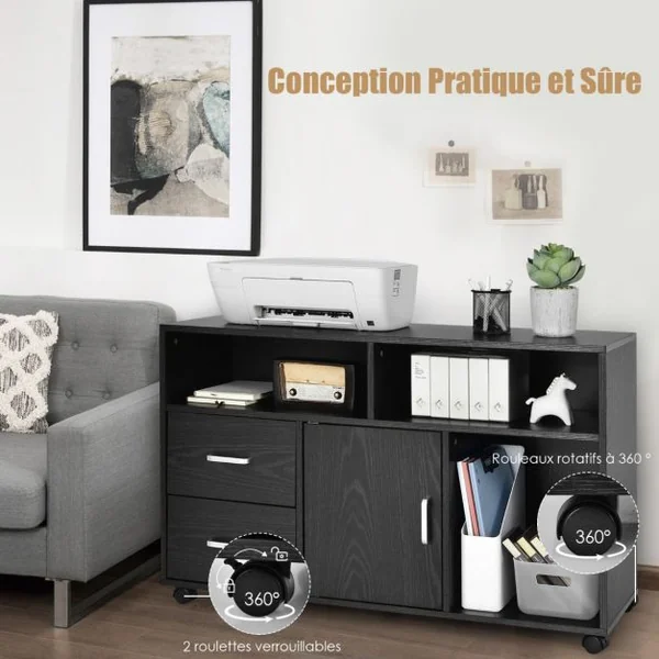 Support d'imprimante Caisson de Bureau avec Étagères Ouvertes Tiroirs Placard Roues Pivotantes 100 x 35 x 65,5CM Noir