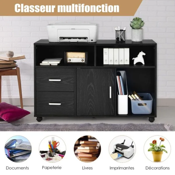Support d'imprimante Caisson de Bureau avec Étagères Ouvertes Tiroirs Placard Roues Pivotantes 100 x 35 x 65,5CM Noir