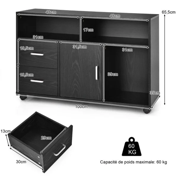 Support d'imprimante Caisson de Bureau avec Étagères Ouvertes Tiroirs Placard Roues Pivotantes 100 x 35 x 65,5CM Noir