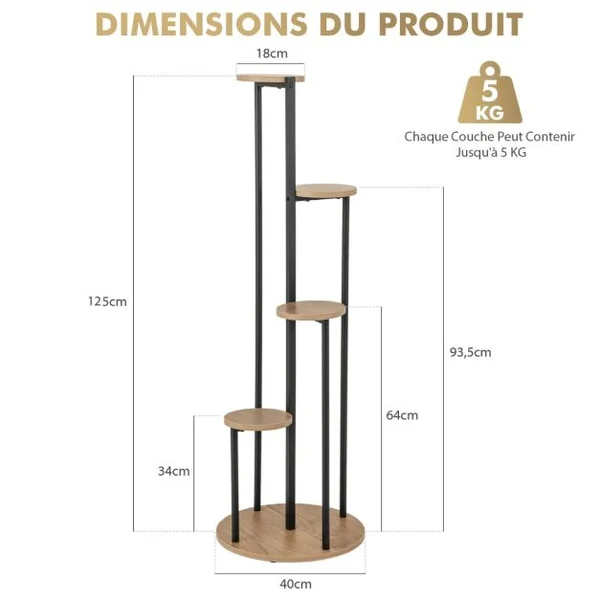 Support pour Plantes d'Intérieur à 5 Niveaux Etagère d'Angle de 125 cm de Haut pour Plantes en Pot Étagère à Fleurs avec Structure en Métal