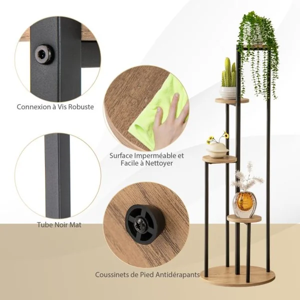 Support pour Plantes d'Intérieur à 5 Niveaux Etagère d'Angle de 125 cm de Haut pour Plantes en Pot Étagère à Fleurs avec Structure en Métal