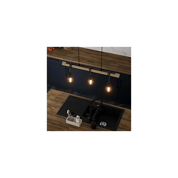 Suspension 3 lampes noir et effet bois E27 28W L.77 x 110 cm GoodHome Hornero