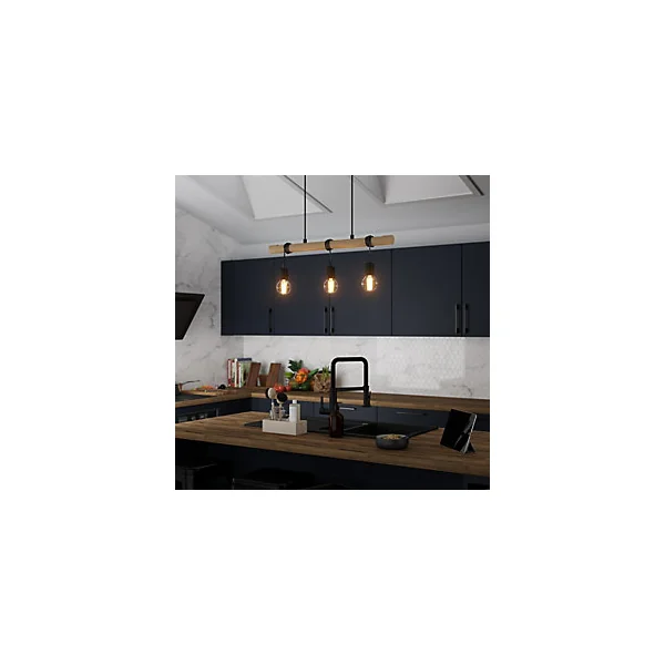 Suspension 3 lampes noir et effet bois E27 28W L.77 x 110 cm GoodHome Hornero
