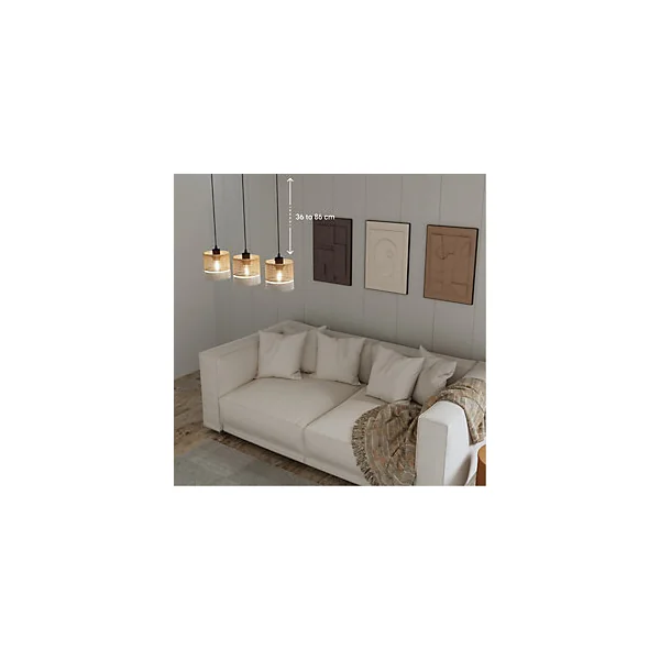 Suspension 3 lampes rotin et métal noir E27 15W H.110cm GoodHome Conebill