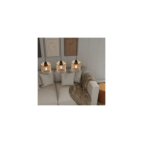 Suspension 3 lampes rotin et métal noir E27 15W H.110cm GoodHome Conebill