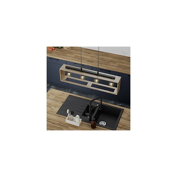 Suspension 4 lampes rectangle noir et effet bois E27 28W L.77 x 110 cm GoodHome Dunlin