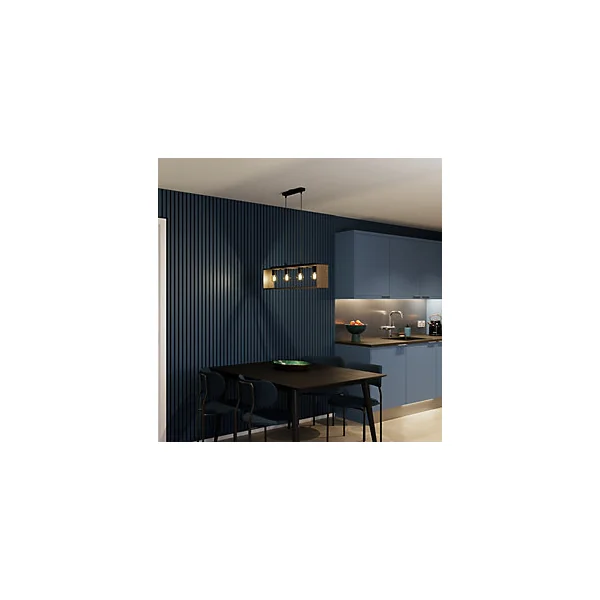 Suspension 4 lampes rectangle noir et effet bois E27 28W L.77 x 110 cm GoodHome Dunlin
